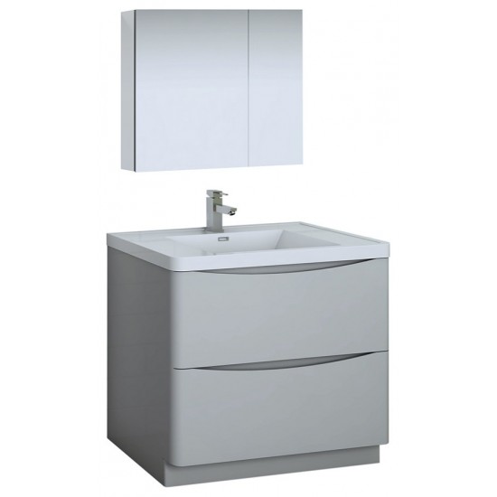 Tuscany 36" Glossy Gray Free Standing Modern Bathroom Vanity w/ Medicine Cabinet