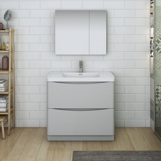 Tuscany 36" Glossy Gray Free Standing Modern Bathroom Vanity w/ Medicine Cabinet