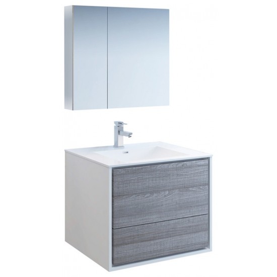 Catania 30" Glossy Ash Gray Wall Hung Modern Bathroom Vanity w/ Medicine Cabinet