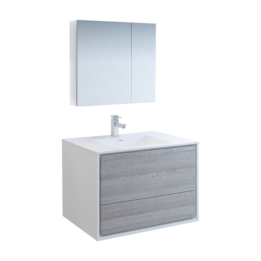 Catania 36" Glossy Ash Gray Wall Hung Modern Bathroom Vanity w/ Medicine Cabinet