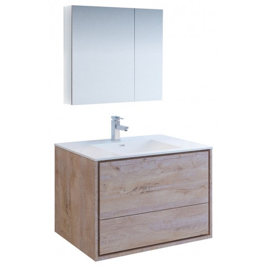 Catania 36 Natural Wood Wall Hung Modern Bathroom Vanity w/ Medicine Cabinet