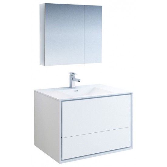 Catania 36" Glossy White Wall Hung Modern Bathroom Vanity w/ Medicine Cabinet