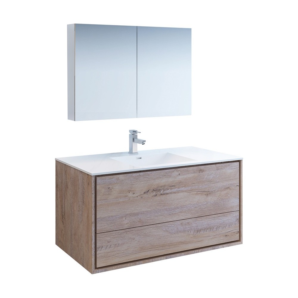 Catania 48 Natural Wood Wall Hung Modern Bathroom Vanity w/ Medicine Cabinet