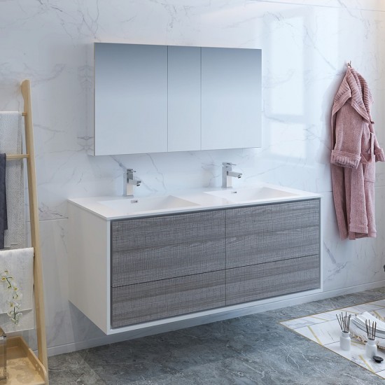 Catania 60 Gray Wall Hung Double Sink Modern Bathroom Vanity w/ Medicine Cabinet