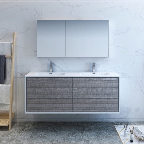 Catania 60 Gray Wall Hung Double Sink Modern Bathroom Vanity w/ Medicine Cabinet