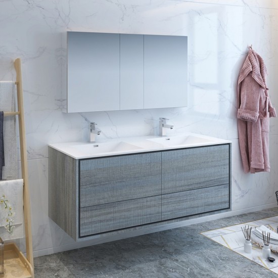 Catania 60 Ocean Gray Wall Hung Double Sink Bathroom Vanity w/ Medicine Cabinet