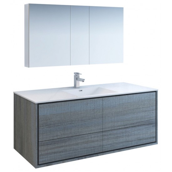 Catania 60 Ocean Gray Wall Hung Single Sink Bathroom Vanity w/ Medicine Cabinet