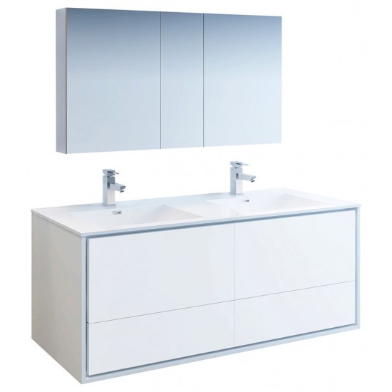 Catania 60 White Wall Hung Double Sink Bathroom Vanity w/ Medicine Cabinet