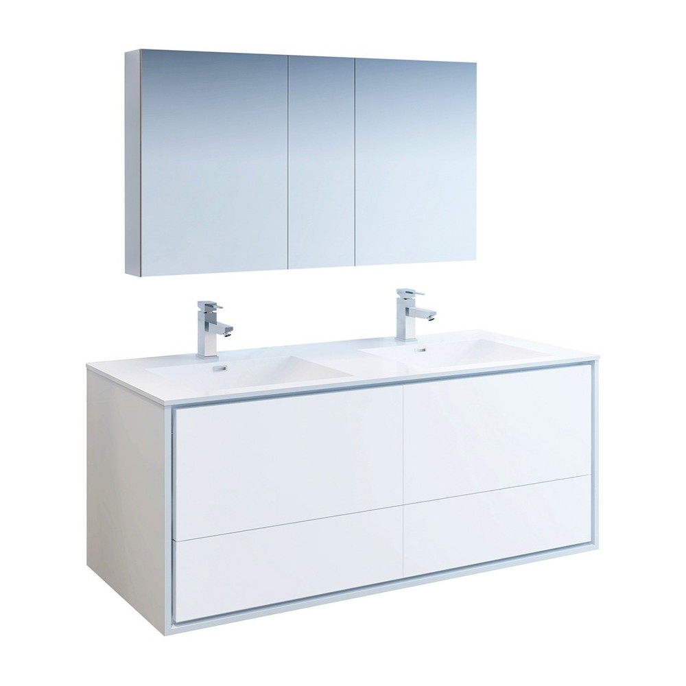 Catania 60 White Wall Hung Double Sink Bathroom Vanity w/ Medicine Cabinet