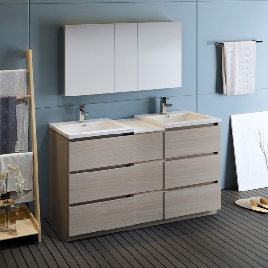 60 Gray Wood Free Standing Dbl Sink Bathroom Vanity, Medicine Cabinet