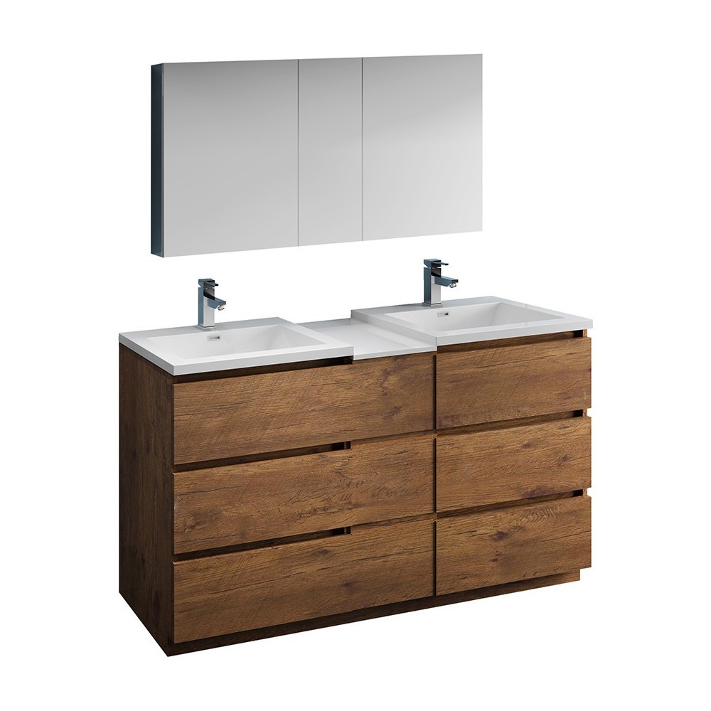 60 Rosewood Free Standing Dbl Sink Bathroom Vanity, Medicine Cabinet