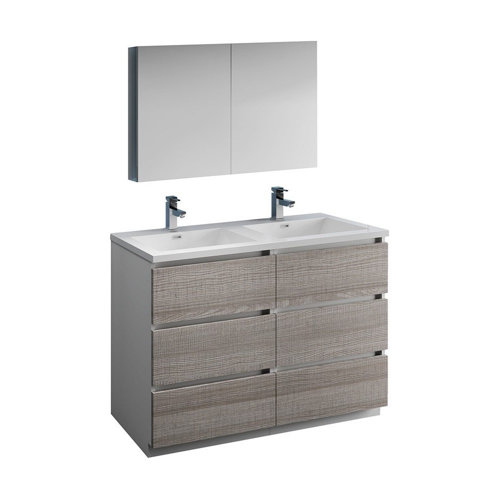 48 Ash Gray Free Standing Double Sink Modern Bathroom Vanity w/ Medicine Cabinet