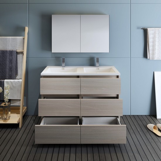 48 Gray Wood Free Standing Double Sink Bathroom Vanity w/ Medicine Cabinet