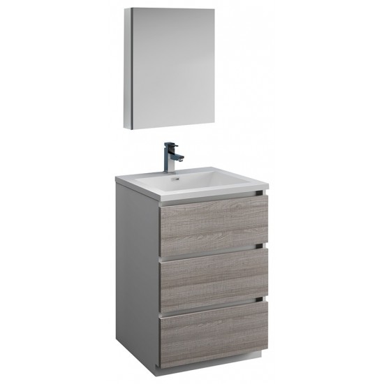 24 Glossy Ash Gray Free Standing Modern Bathroom Vanity w/ Medicine Cabinet