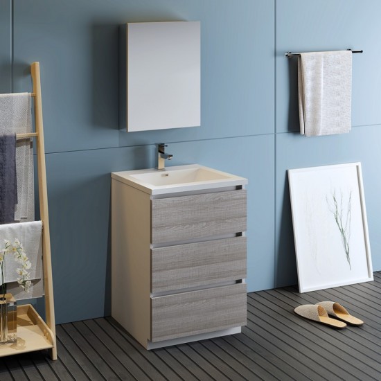 24 Glossy Ash Gray Free Standing Modern Bathroom Vanity w/ Medicine Cabinet