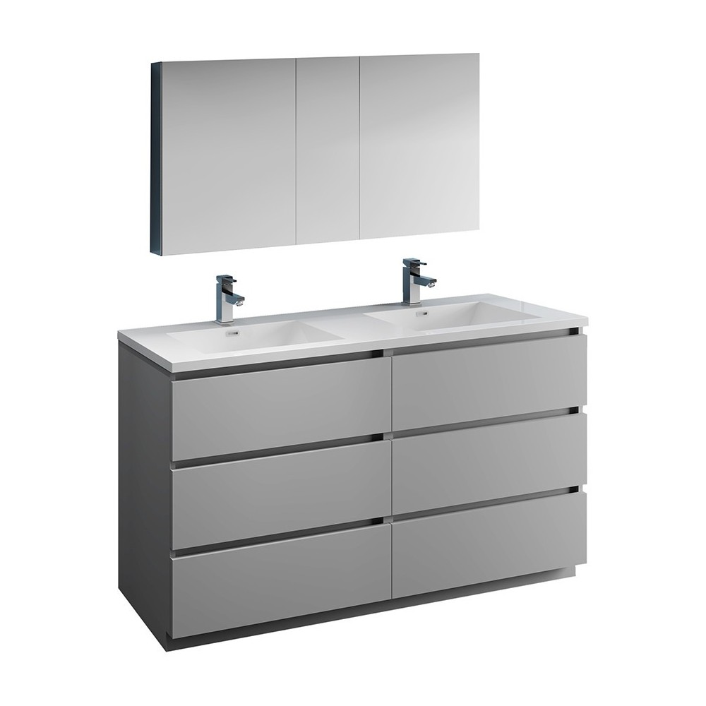 60 Gray Free Standing Dbl Sink Bathroom Vanity, Medicine Cabinet, FVN93-3030GR-D