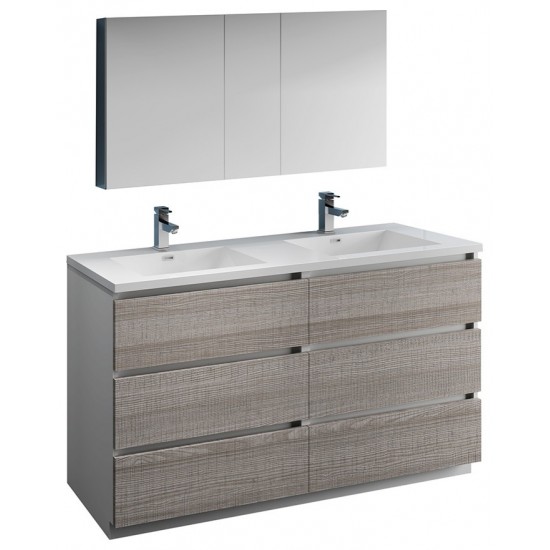 60 Gray Free Standing Dbl Sink Bathroom Vanity, Medicine Cabinet, FVN93-3030HA-D