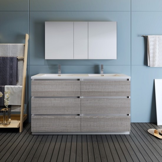 60 Gray Free Standing Dbl Sink Bathroom Vanity, Medicine Cabinet, FVN93-3030HA-D