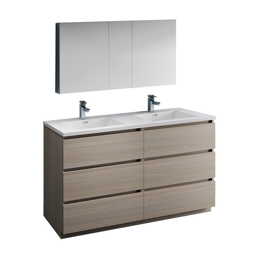 60 Gray Wood Free Standing Dbl Sink Bathroom Vanity, Medicine Cabinet, FVN93