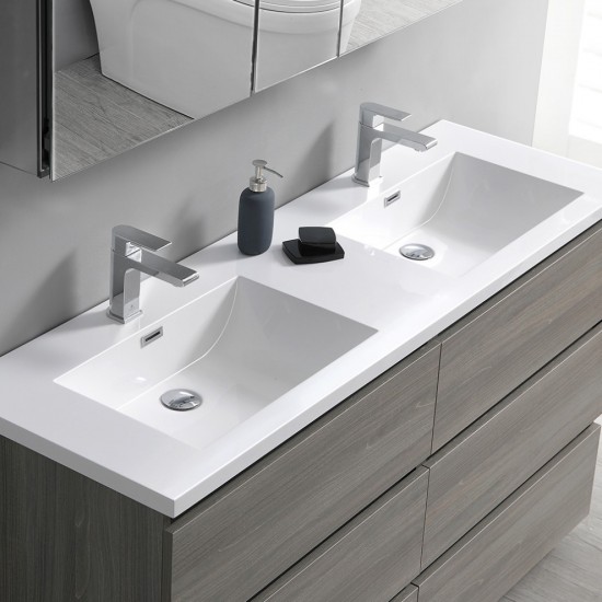 60 Gray Wood Free Standing Dbl Sink Bathroom Vanity, Medicine Cabinet, FVN93