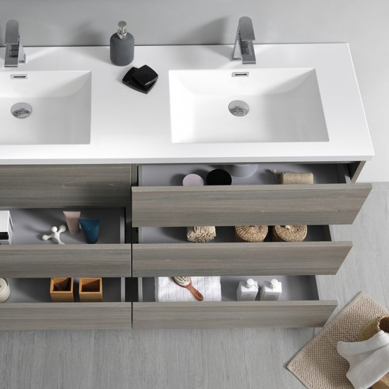 60 Gray Wood Free Standing Dbl Sink Bathroom Vanity, Medicine Cabinet, FVN93