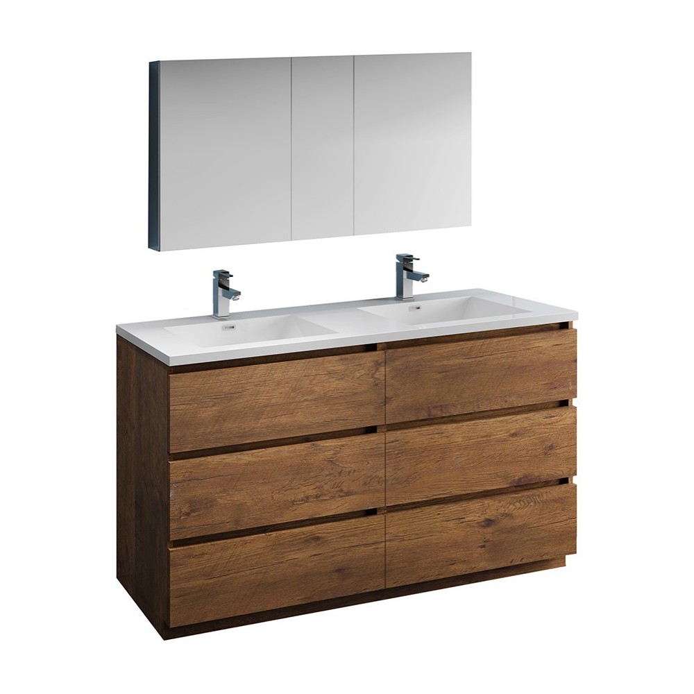 60 Rosewood Free Standing Dbl Sink Bathroom Vanity, Medicine Cabinet, FVN93