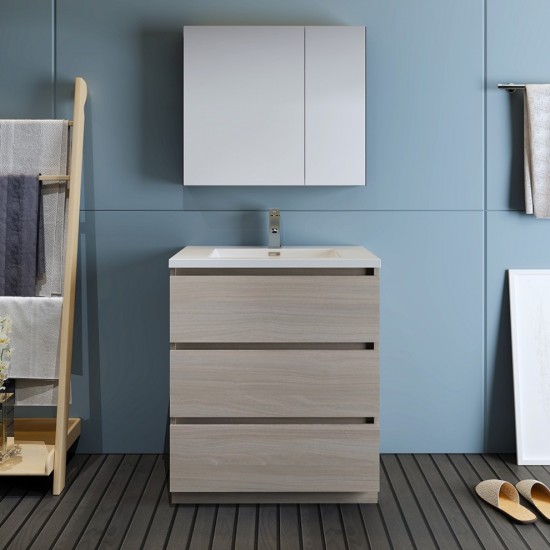 Lazzaro 30" Gray Wood Free Standing Modern Bathroom Vanity w/ Medicine Cabinet