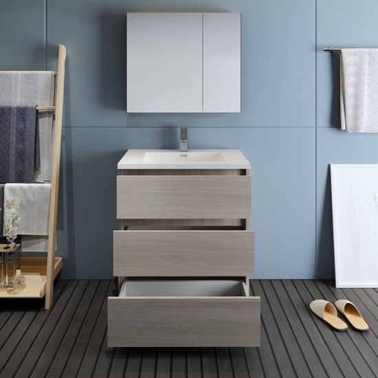 Lazzaro 30" Gray Wood Free Standing Modern Bathroom Vanity w/ Medicine Cabinet