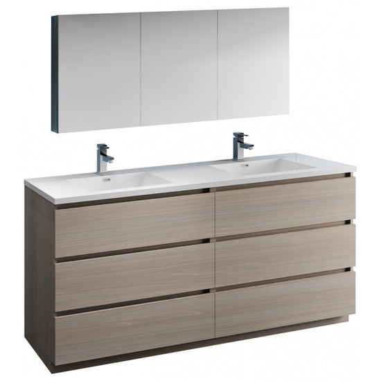 72 Gray Wood Free Standing Dbl Sink Bathroom Vanity, Medicine Cabinet, FVN93