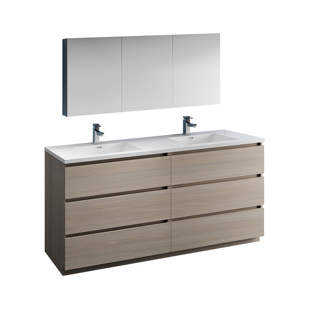 72 Gray Wood Free Standing Dbl Sink Bathroom Vanity, Medicine Cabinet, FVN93