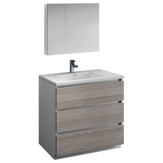 36 Glossy Ash Gray Free Standing Modern Bathroom Vanity w/ Medicine Cabinet