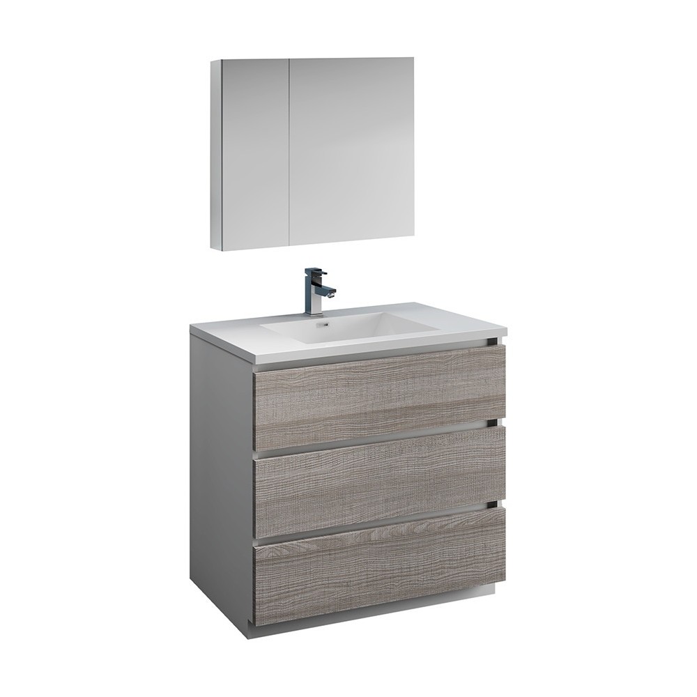 36 Glossy Ash Gray Free Standing Modern Bathroom Vanity w/ Medicine Cabinet