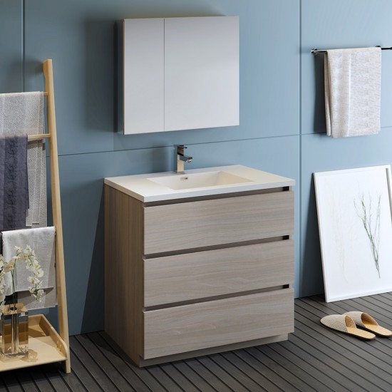 Lazzaro 36" Gray Wood Free Standing Modern Bathroom Vanity w/ Medicine Cabinet
