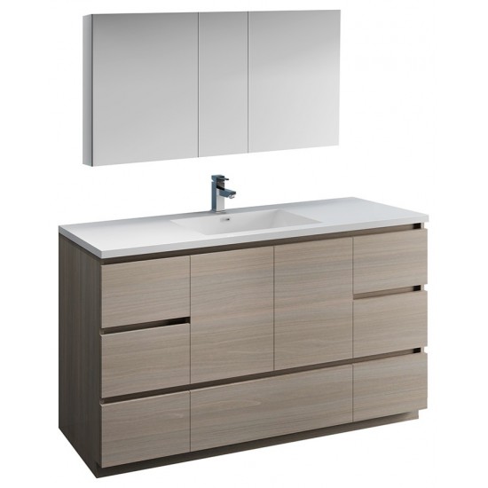 60 Gray Wood Free Standing Single Sink Bathroom Vanity w/ Medicine Cabinet