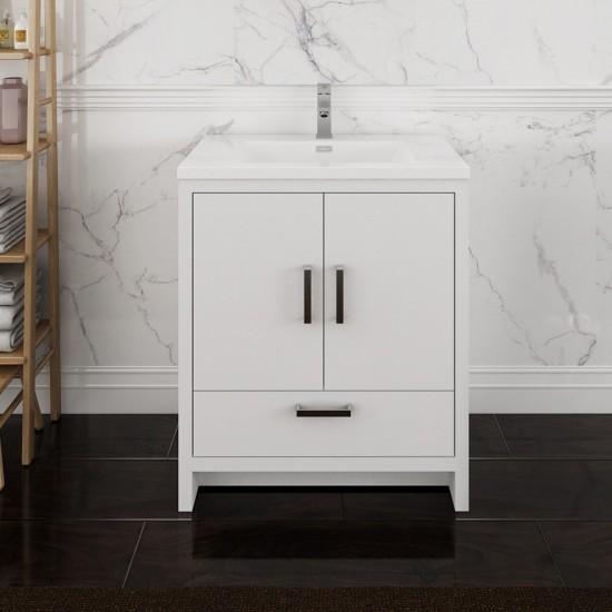 Imperia 30 Glossy White Free Standing Modern Bathroom Cabinet w/ Integrated Sink