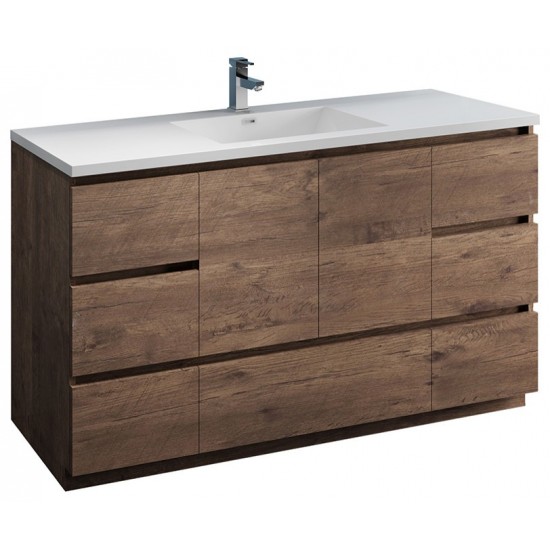 60 Rosewood Free Standing Modern Bathroom Cabinet w/ Integrated Single Sink