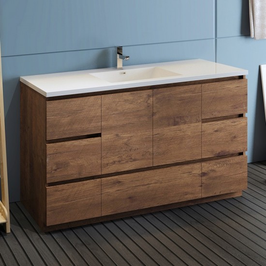 60 Rosewood Free Standing Modern Bathroom Cabinet w/ Integrated Single Sink