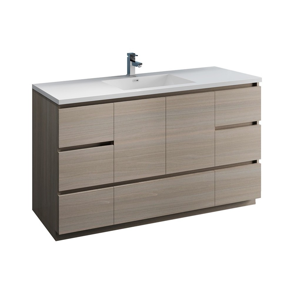 60 Gray Wood Free Standing Modern Bathroom Cabinet w/ Integrated Single Sink