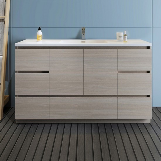 60 Gray Wood Free Standing Modern Bathroom Cabinet w/ Integrated Single Sink