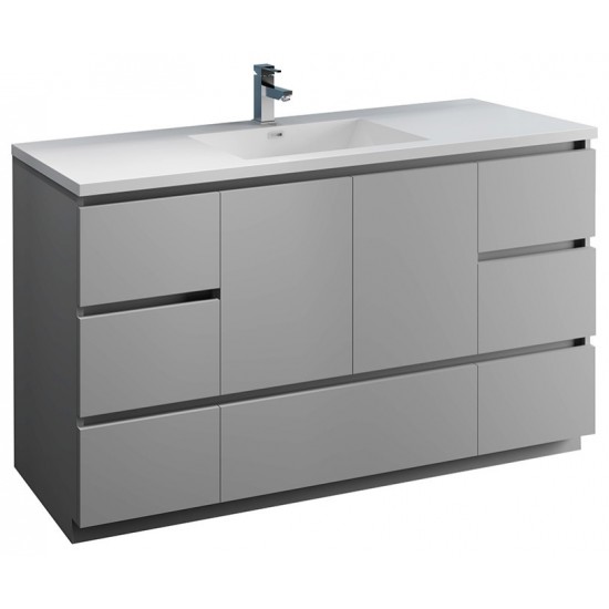 Lazzaro 60" Gray Free Standing Modern Bathroom Cabinet w/ Integrated Single Sink