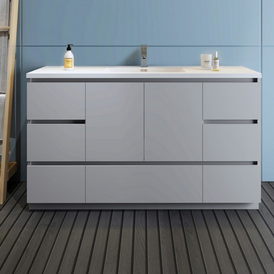 Lazzaro 60" Gray Free Standing Modern Bathroom Cabinet w/ Integrated Single Sink