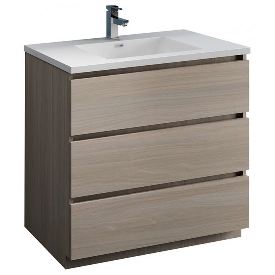 Lazzaro 36" Gray Wood Free Standing Modern Bathroom Cabinet w/ Integrated Sink