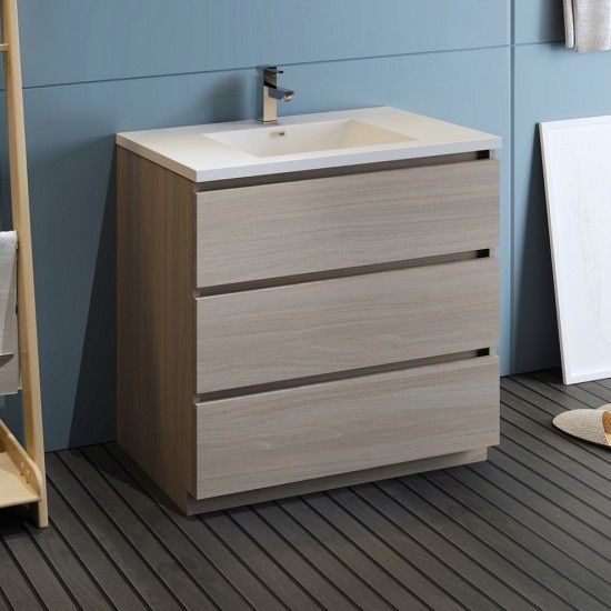 Lazzaro 36" Gray Wood Free Standing Modern Bathroom Cabinet w/ Integrated Sink