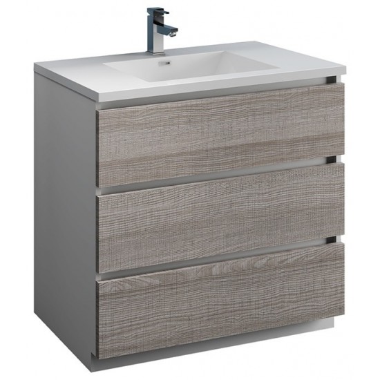 36 Glossy Ash Gray Free Standing Modern Bathroom Cabinet w/ Integrated Sink