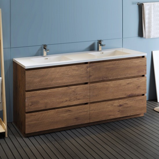72 Rosewood Free Standing Modern Bathroom Cabinet w/ Integrated Double Sink
