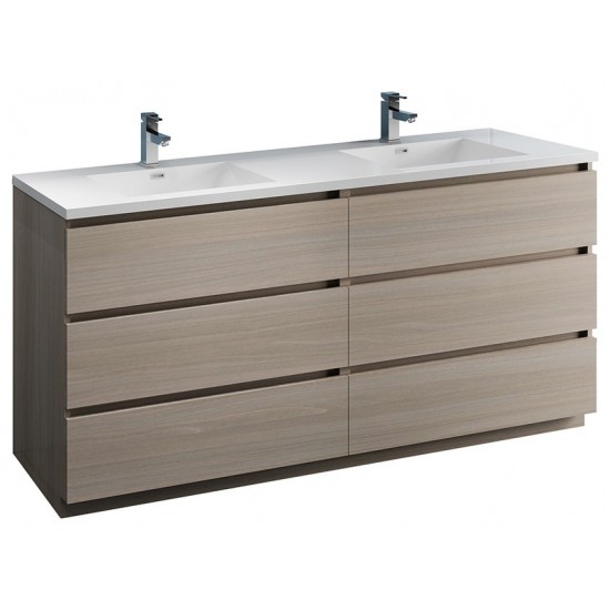 72 Gray Wood Free Standing Modern Bathroom Cabinet w/ Integrated Double Sink