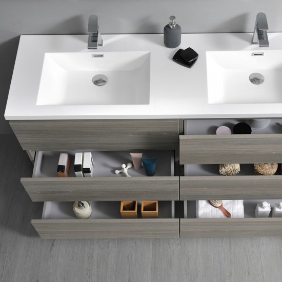 72 Gray Wood Free Standing Modern Bathroom Cabinet w/ Integrated Double Sink
