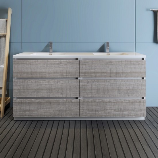 72 Ash Gray Free Standing Modern Bathroom Cabinet w/ Integrated Double Sink