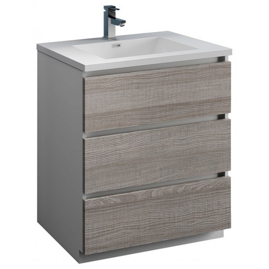 30 Glossy Ash Gray Free Standing Modern Bathroom Cabinet w/ Integrated Sink