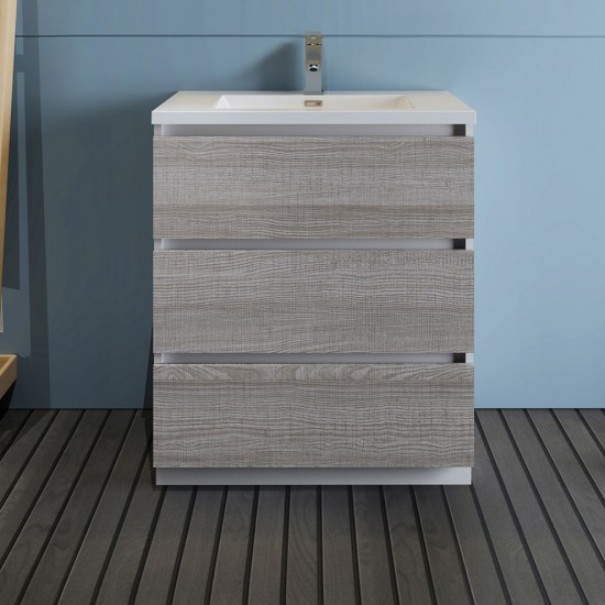 30 Glossy Ash Gray Free Standing Modern Bathroom Cabinet w/ Integrated Sink